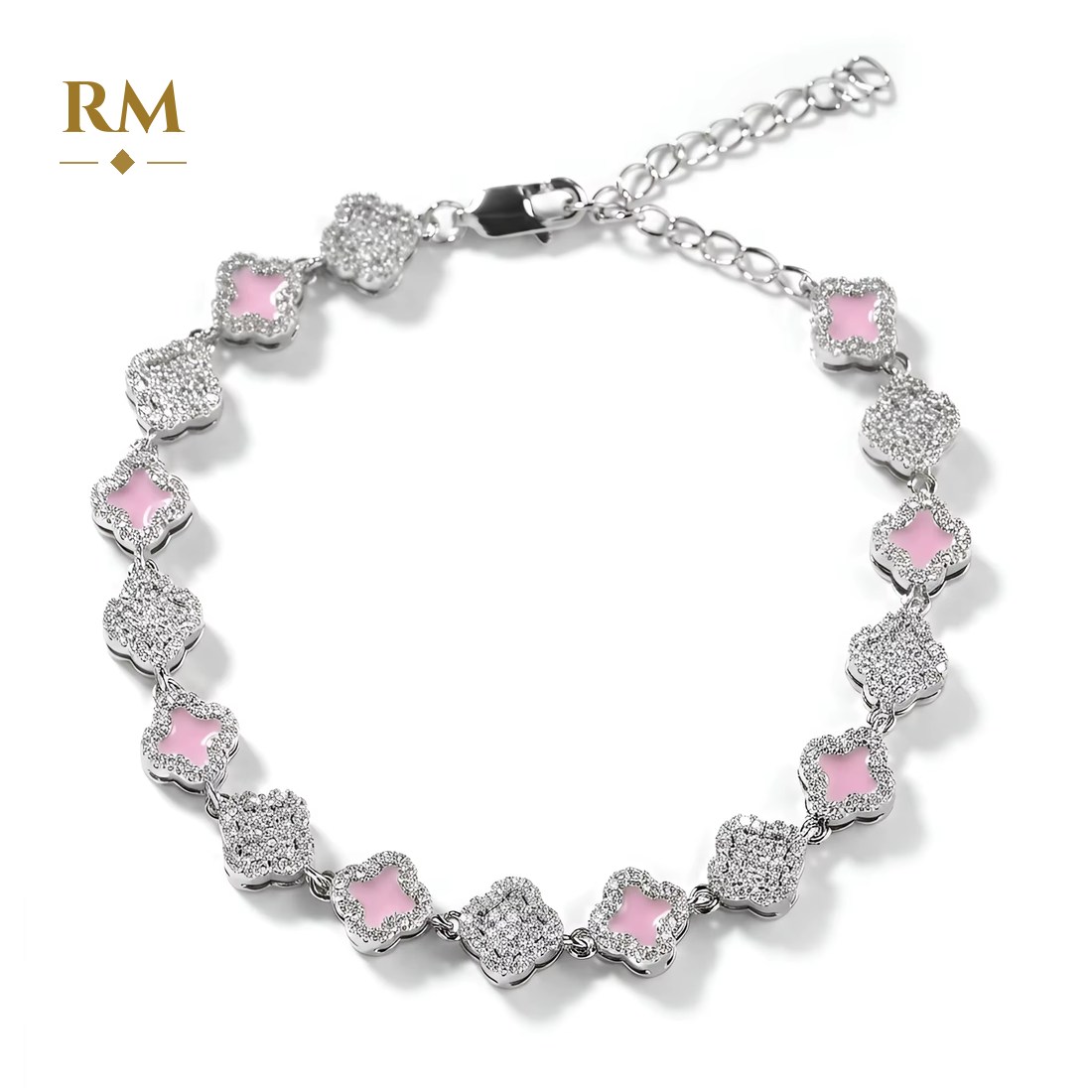 Clover bracelet in silver with pink stones
