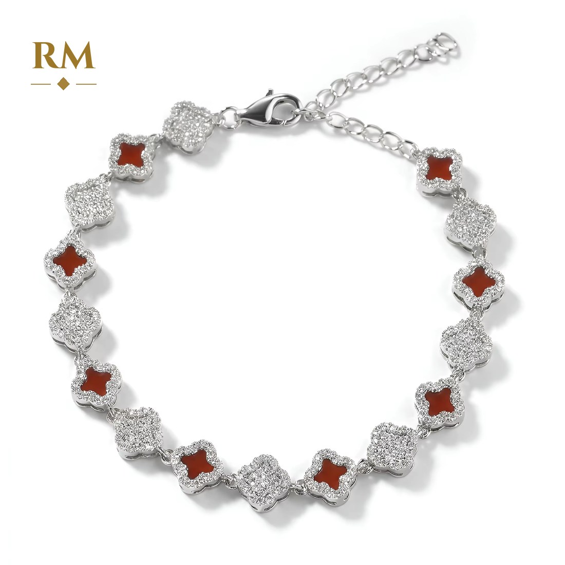 Clover bracelet in silver with red stones