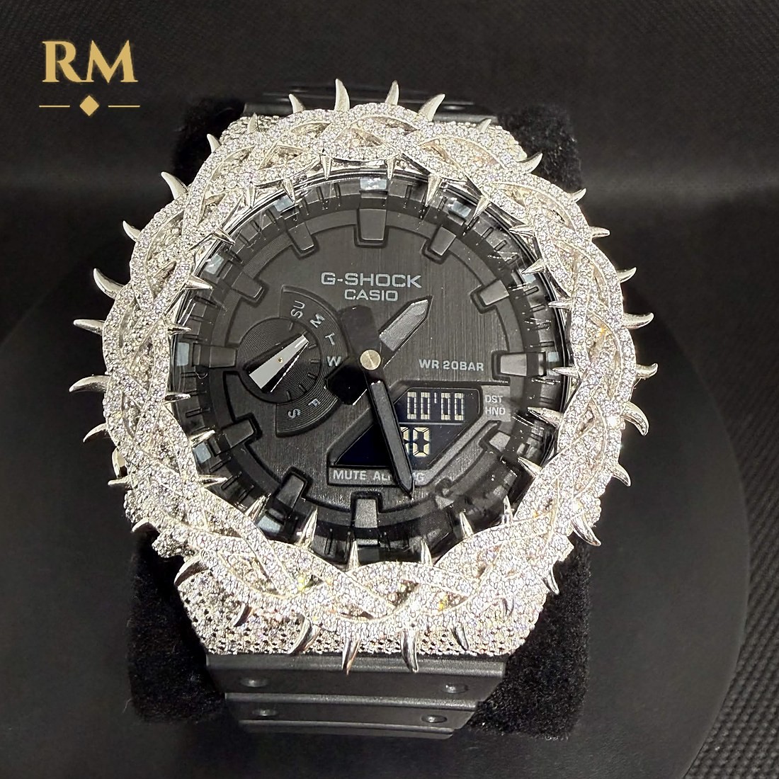Black G-Shock GA-2100 with a silver thorn bezel set with moissanite