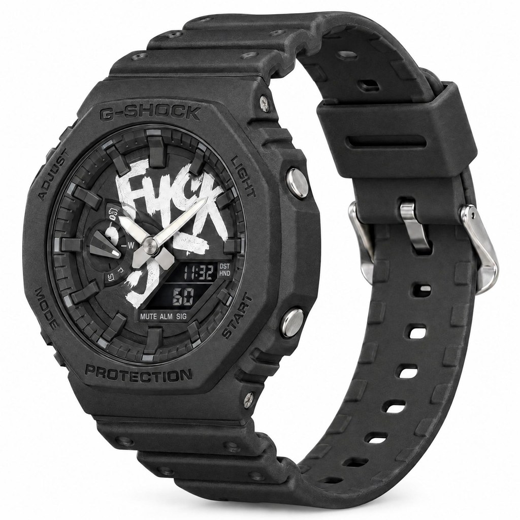 F*ck 9-5 Watch in black, a custom GA-2100 with a white brush painted dial