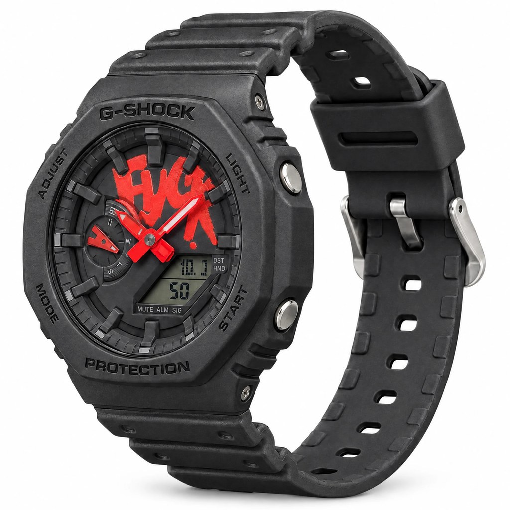 F*ck 9-5 Watch in black and red, a custom GA-2100 with a red brush painted dial and red hands