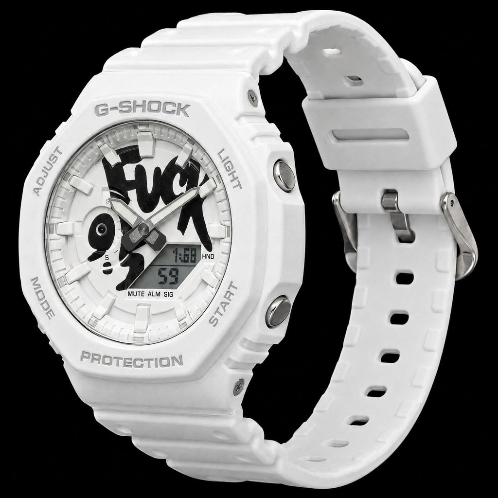 F*ck 9-5 Watch in white, a custom GA-2100 with a black brush painted dial