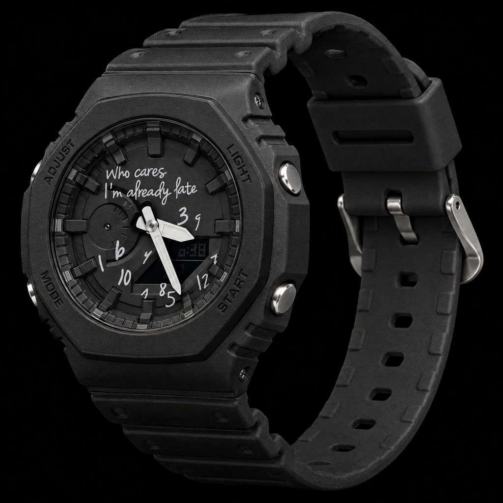 Already Late Watch in all black, a custom GA-2100 with a handwritten Who cares I'm already late dial