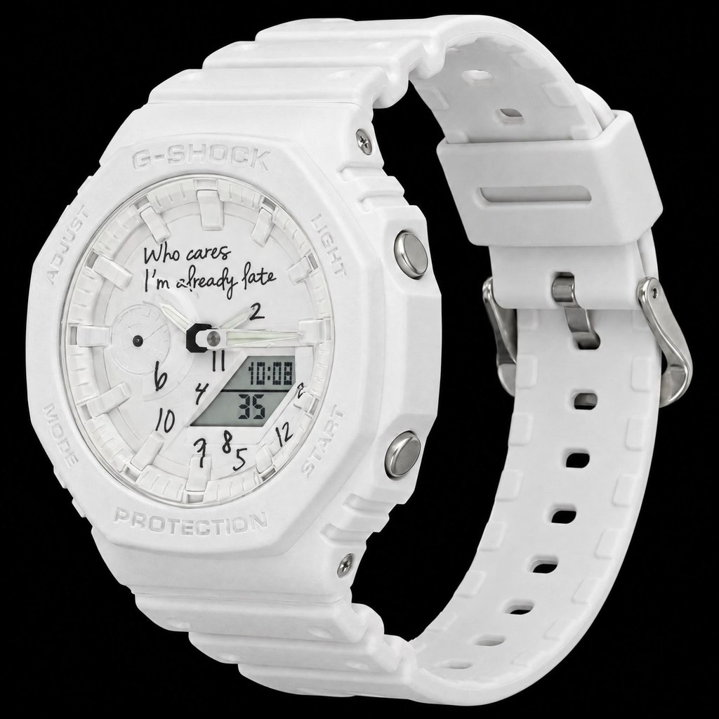 Already Late Watch in all white, a custom GA-2100 with a handwritten Who cares I'm already late dial